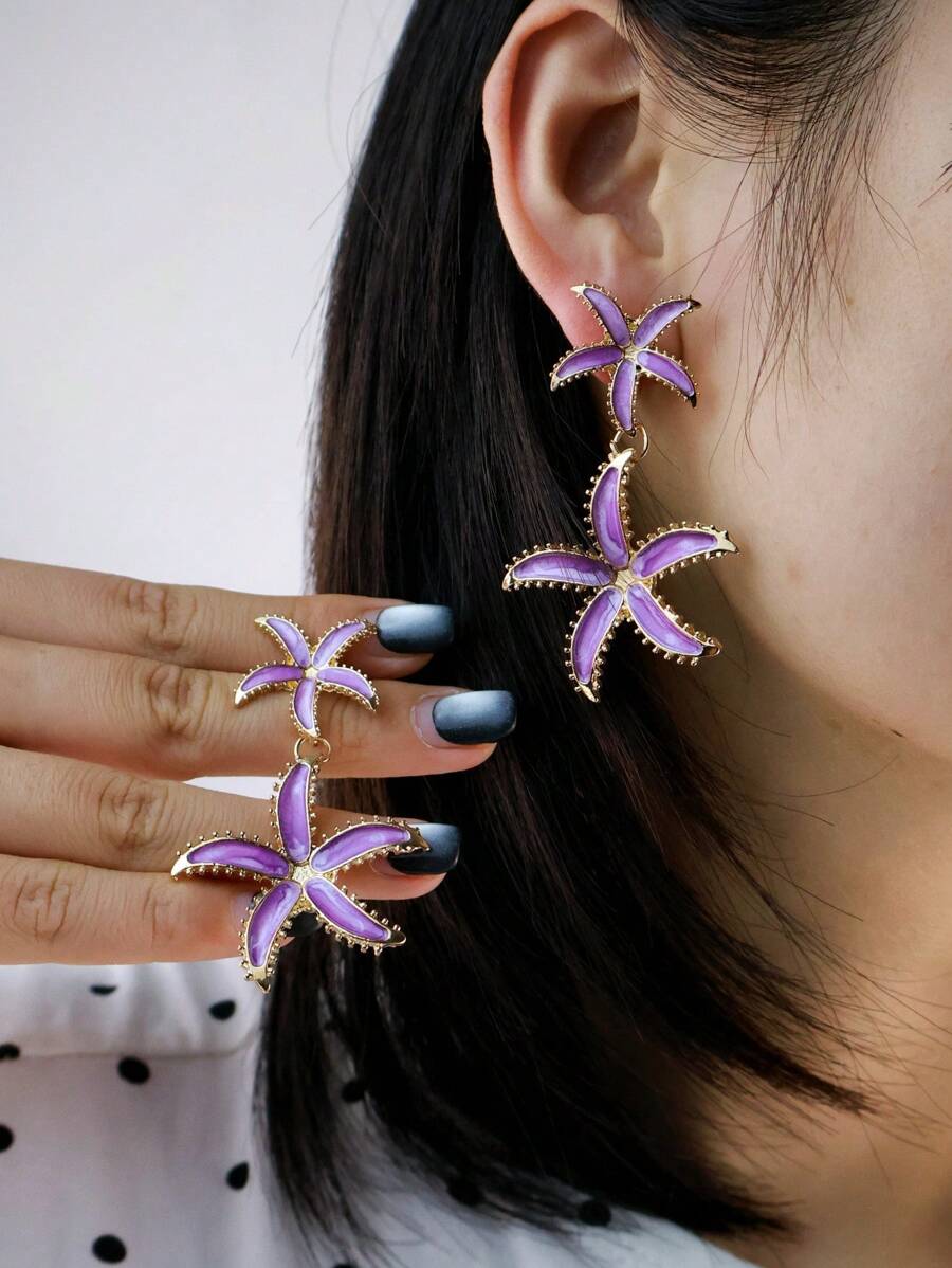 Fashionable Exaggerated Personalized Resort Style Starfish & Five-Petal Flower Women Earrings, Turquoise Five-Pointed Star Earrings Suitable For Resort Wear