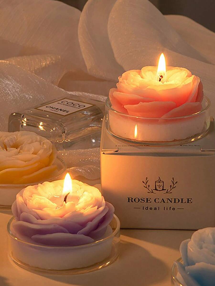 Rose Flower Shaped Scented Candle,Handmade Aroma Soy Wax Decorative Candle For Table Photo Prop Birthday Gift,Prefect For Meditation Stress Relief Mood Boosting Bath Yoga
