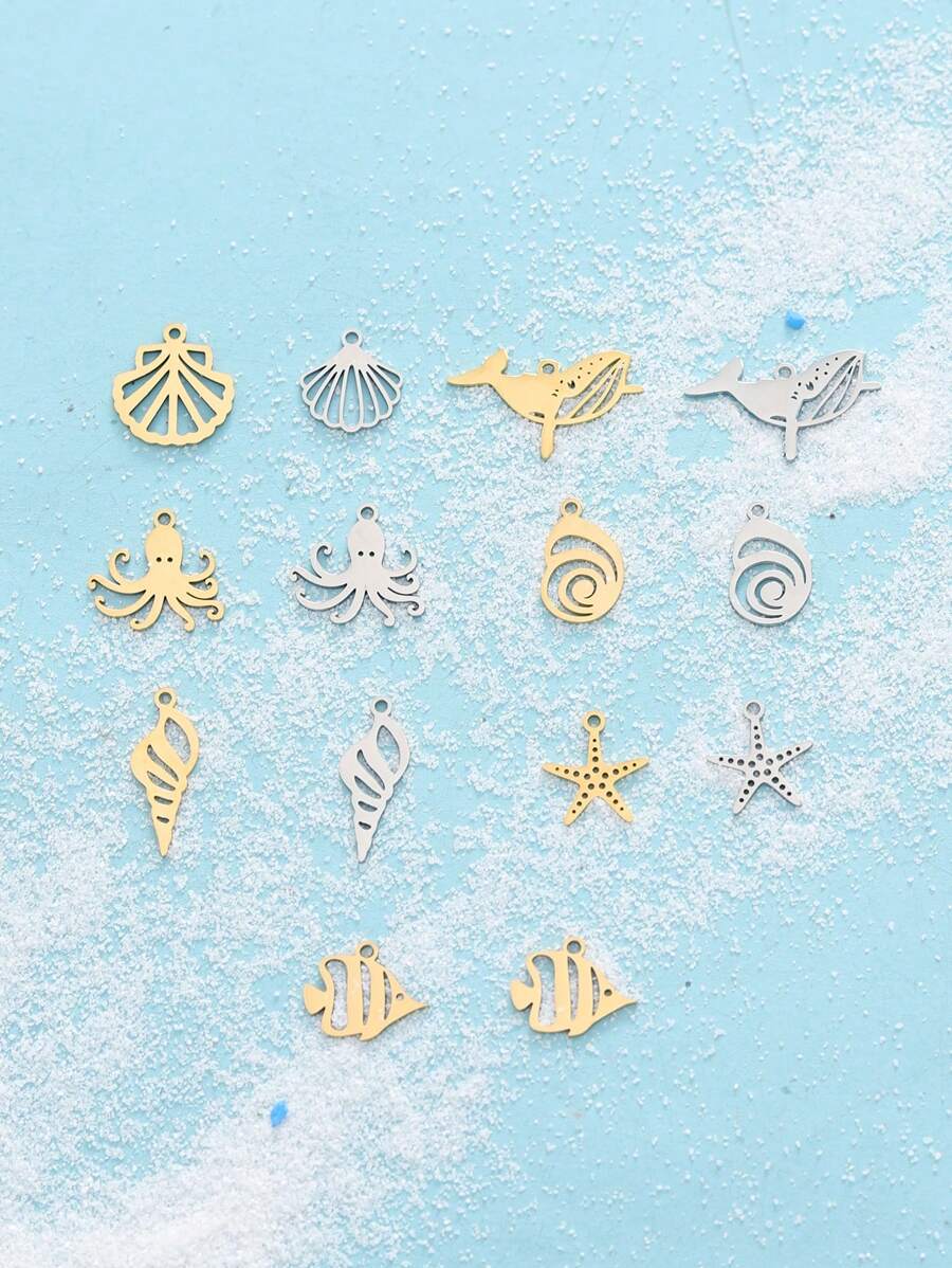5/10pcs Stainless Steel Beach Ocean Vacation Style Starfish, Octopus, Shells, Sea Fish, Conch, Whales, Fashionable Bracelets, Necklaces, DIY Accessories And Pendants Featuring Marine Animals