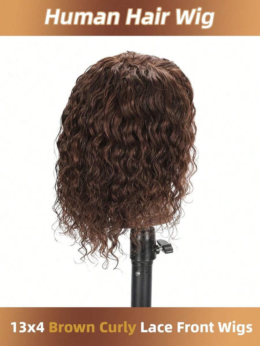 Peruca com frente de renda 13x4 com densidade de 200% cabelo encaracolado castanho, peruca de cabelo humano pré-depenada com cabelo de bebê onda encaracolada profunda peruca de cabelo humano, 12-16 polegadas para mulheres, peruca frontal de renda castanha de 14 polegadas para uso em festivais, praia e festas