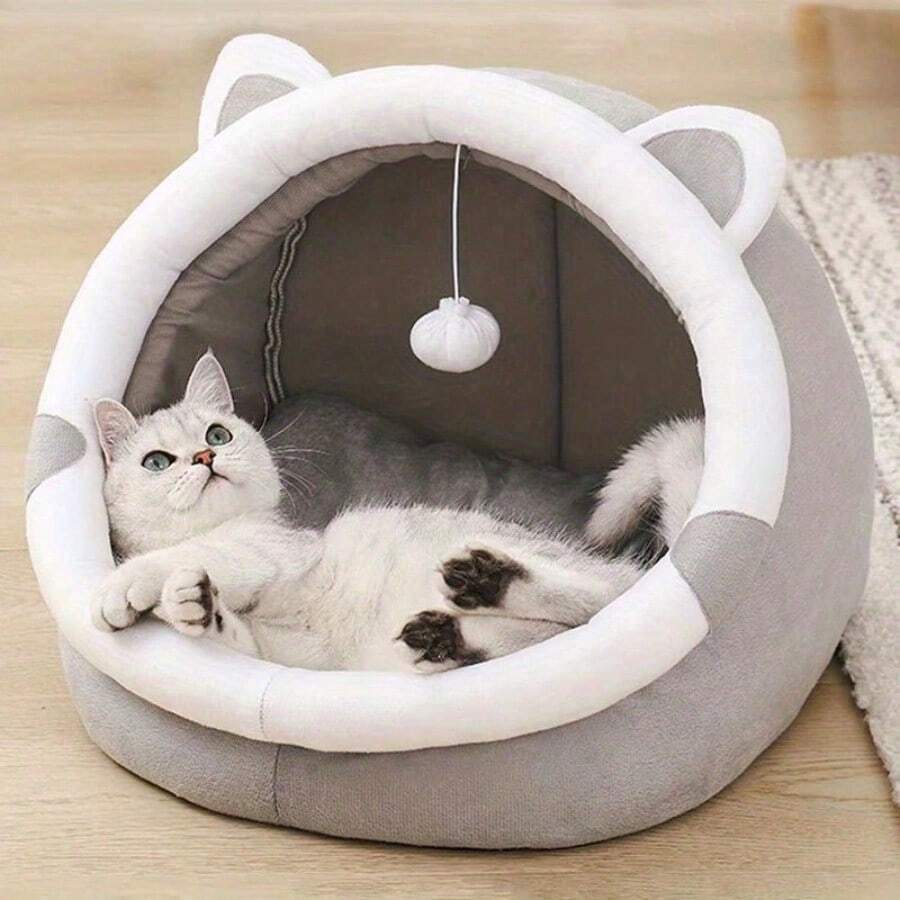 Cama-cueva ultraconfortable con diseño de gato de dibujos animados - Refugio aislado para gatitos que brinda calidez y confort - Adorable casa interior para mascotas