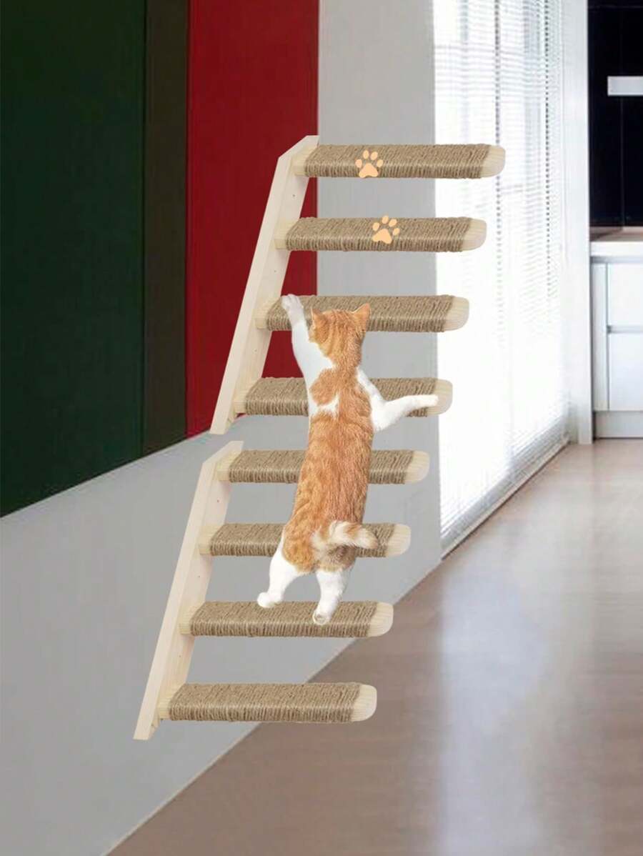1pc Wall-Mounted Cat Climbing Ladder, 4-Tier Solid Wood Cat Furniture, Sturdy & Durable Pine Wood, For Playing, Climbing & Scratching, Comes With Tools For Easy Assembly, Max Load 12kg (26lb)