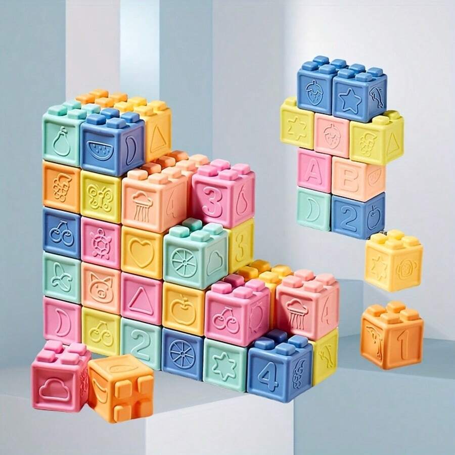 Bloques de construcción de goma suave para bebés - Juguetes de apilamiento y anidamiento de colores para educación temprana, entrenamiento de agarre y coordinación mano-ojo, para edades de 0-6 meses, 6-12 meses, 1-2 años | Bloques de colores | Textura suave