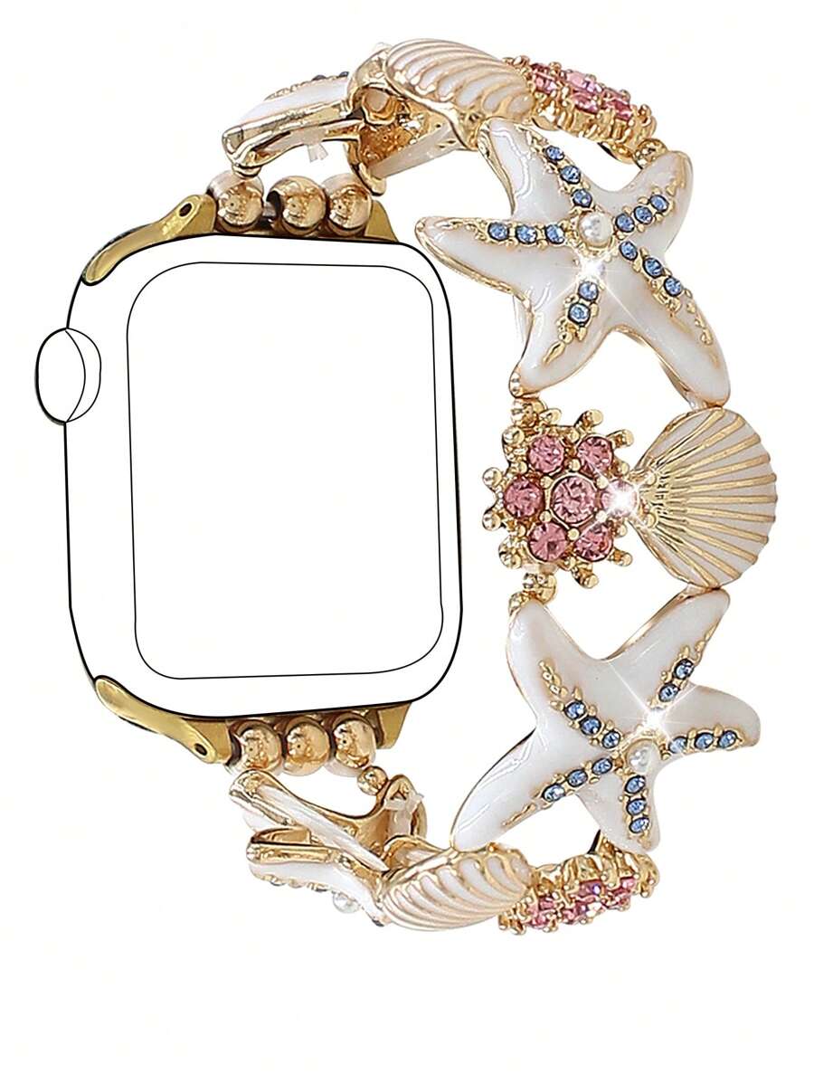 1pc Gorgeous Starfish Zinc Alloy Rhinestone Women's Stretch Bracelet Strap Compatible With Apple Watch Band 38mm 40mm 41mm 42mm 44mm 45mm 49mm S10 42mm, Compatible With Iwatch Series Ultra 2 S10 SE 9 8 7 SE 6 5 4 3 2 1, Marine Style Shell Jellyfish Metal Bracelet Band, Daily Holiday Style Watch Strap, Smart Watch Strap/Band, Unique Personalized And Style Strap, Party, Banquet, Valentine's Day/Mother's Day Gifts