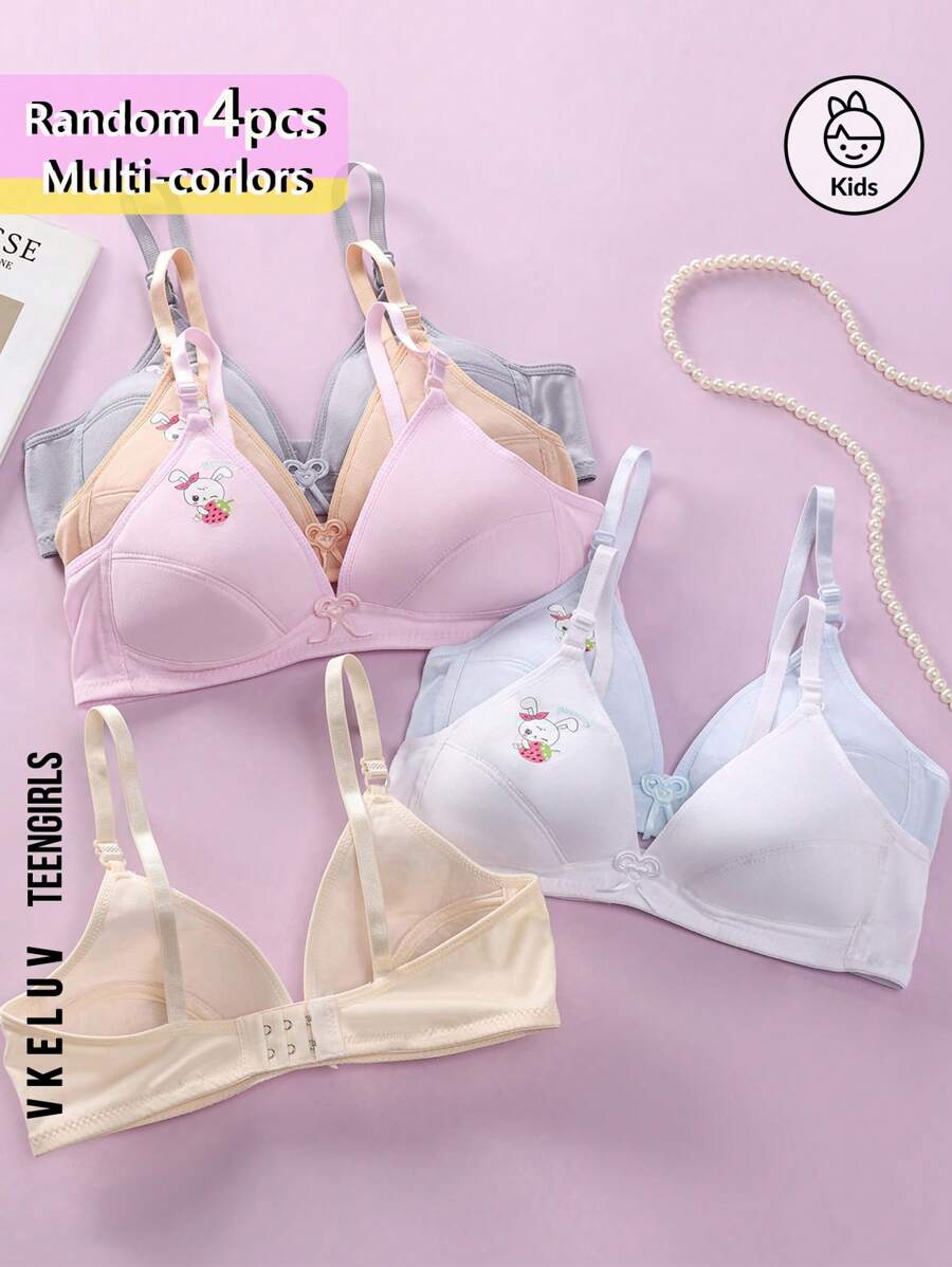 VKELUV Set de 4 sujetadores para niñas, sin alambres, cómodos y con ajuste de tirantes, cierre de doble gancho en la espalda, con tela de punto impresa con diseño de conejo lindo