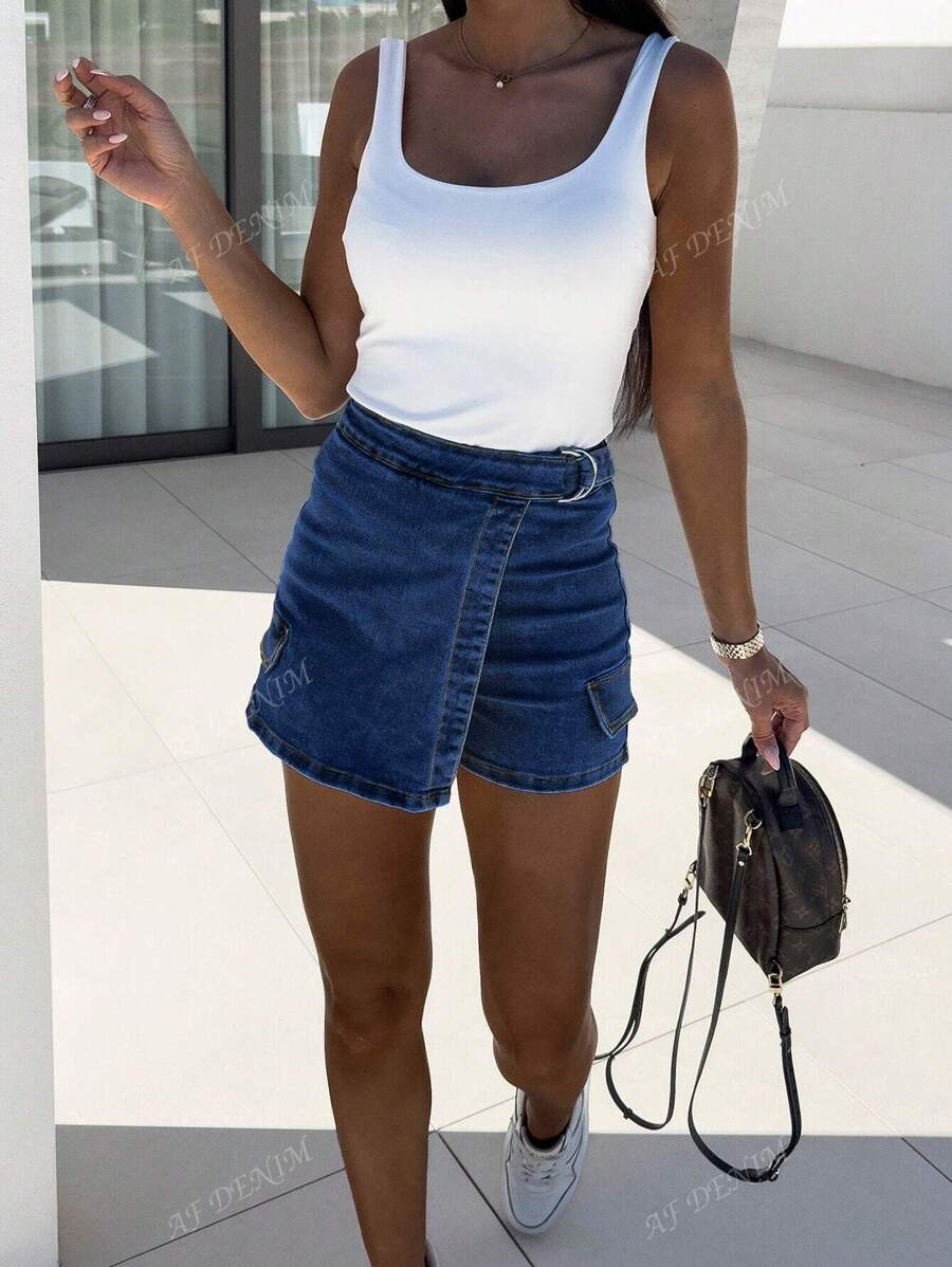 All Season Solid Color Casual Elasticated Zip Multi-Pocket Asymmetric Hem Culottes