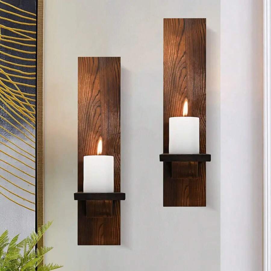 Set Of 2 Wooden Wall Candle Sconces Rustic Wall Mount Wood Pillar Candle Sconces For Living Room Vintage Wall Candle Holders