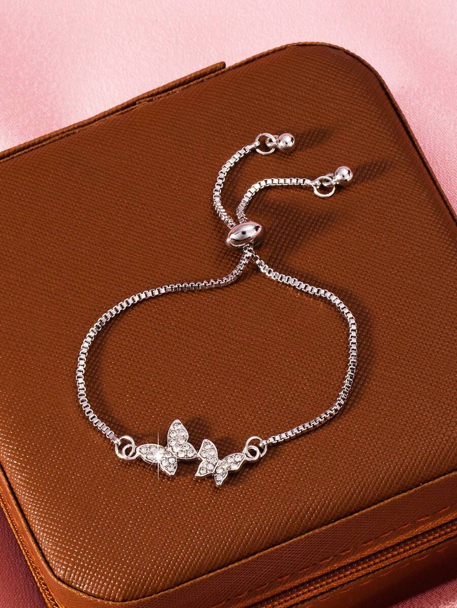 1 pièce Nouveau bracelet réglable entièrement orné de strass papillon pour femmes, couleur argentée