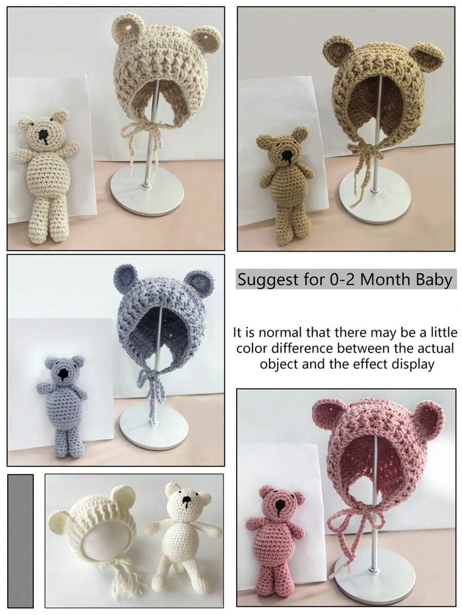 Set di cappellini da bebè a forma di orsacchiotto, accessori per fotografia neonati, giocattoli, cappelli in maglia per neonati, bambola da posa per servizi fotografici di bambini e bambine