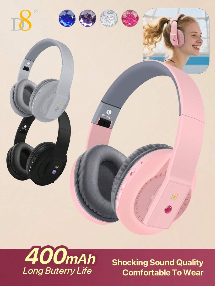 Auriculares over-ear D8, inalámbricos y con cable plegables con micrófono incorporado, ranura para tarjeta micro SD - (Stealth) Para adultos, niños, hombres y mujeres con 10 horas de autonomía. Auriculares over-ear plegables con micrófono, graves profundos y estéreo, con almohadillas de memoria suave para /Android/PC