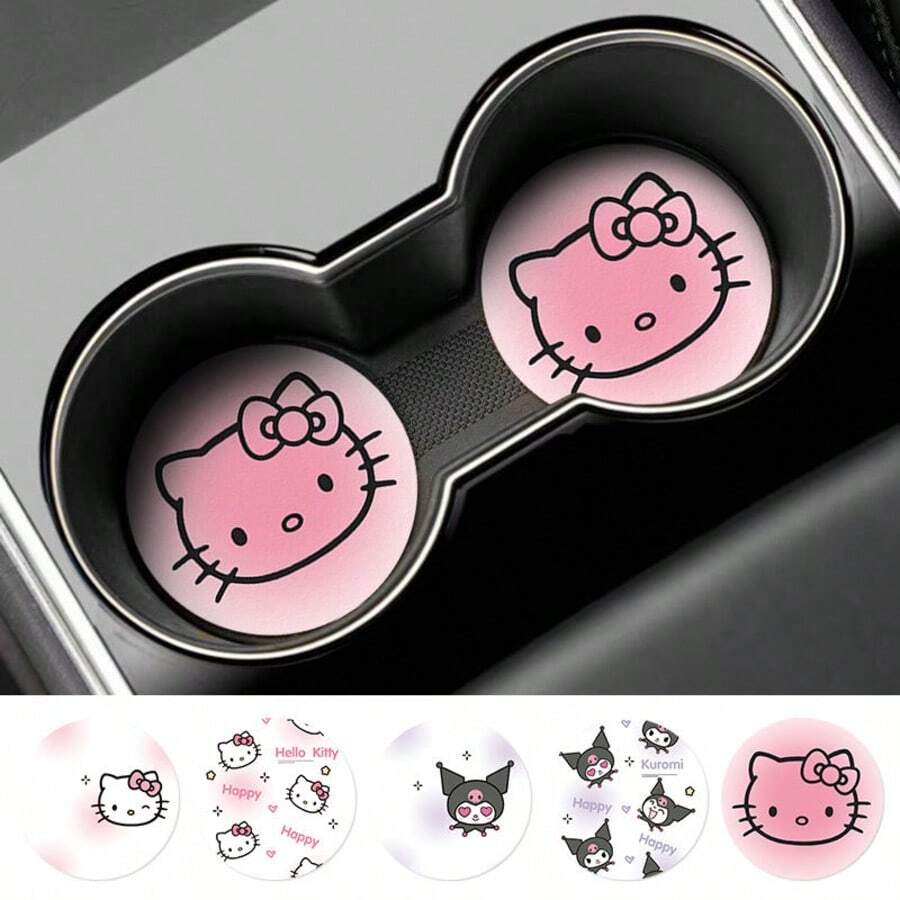 Sanrio 2 Stücke Hello Kitty Muster Auto Getränkeuntersetzer, süße Cartoon rutschfeste und wärmeisolierende Untersetzer, Untersetzer, um Ihren Getränkehalter im Auto sauber und trocken zu halten, Autozubehör, Getränkehalter Dekorationen.