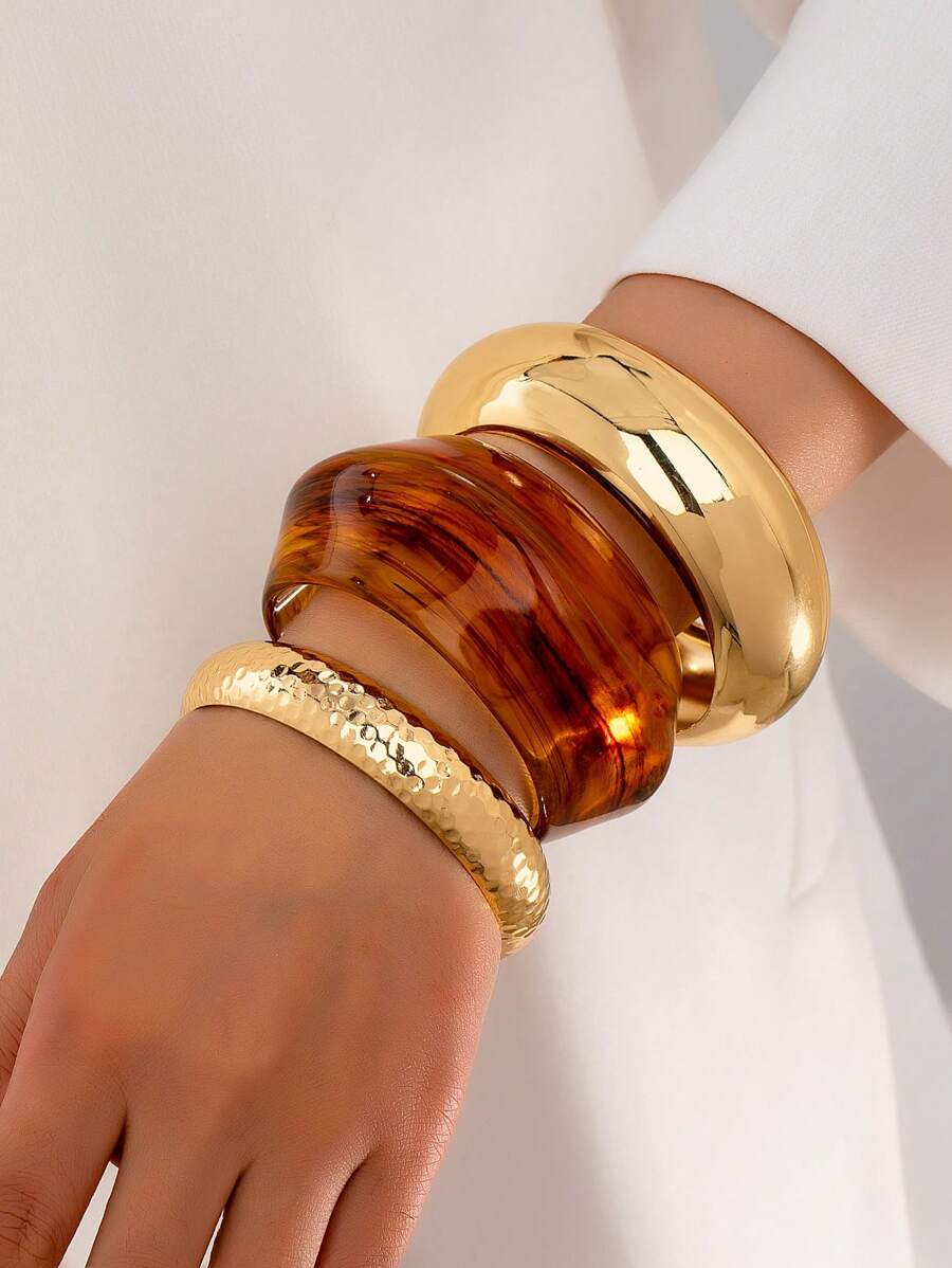 3 pièces Ensemble de bracelets larges et épais en résine, Ensemble de bracelets en or minimalistes pour femmes, Ensemble de bracelets empilés , Bijoux adaptés pour une tenue quotidienne