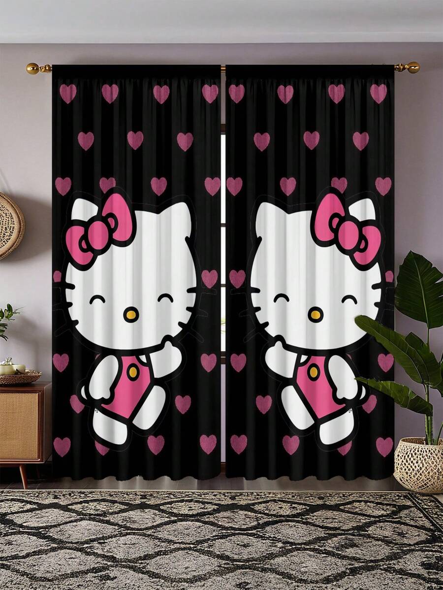 Sanrio 2pcs Sanrio Theme Black Hello Kitty Pattern Semi-Sheer Curtains - Made Of Polyester, With Rod Pocket Design, Easy To Hang, Cartoon Print Curtains, Suitable For Bedroom, Office, Living Room, Home Decor
