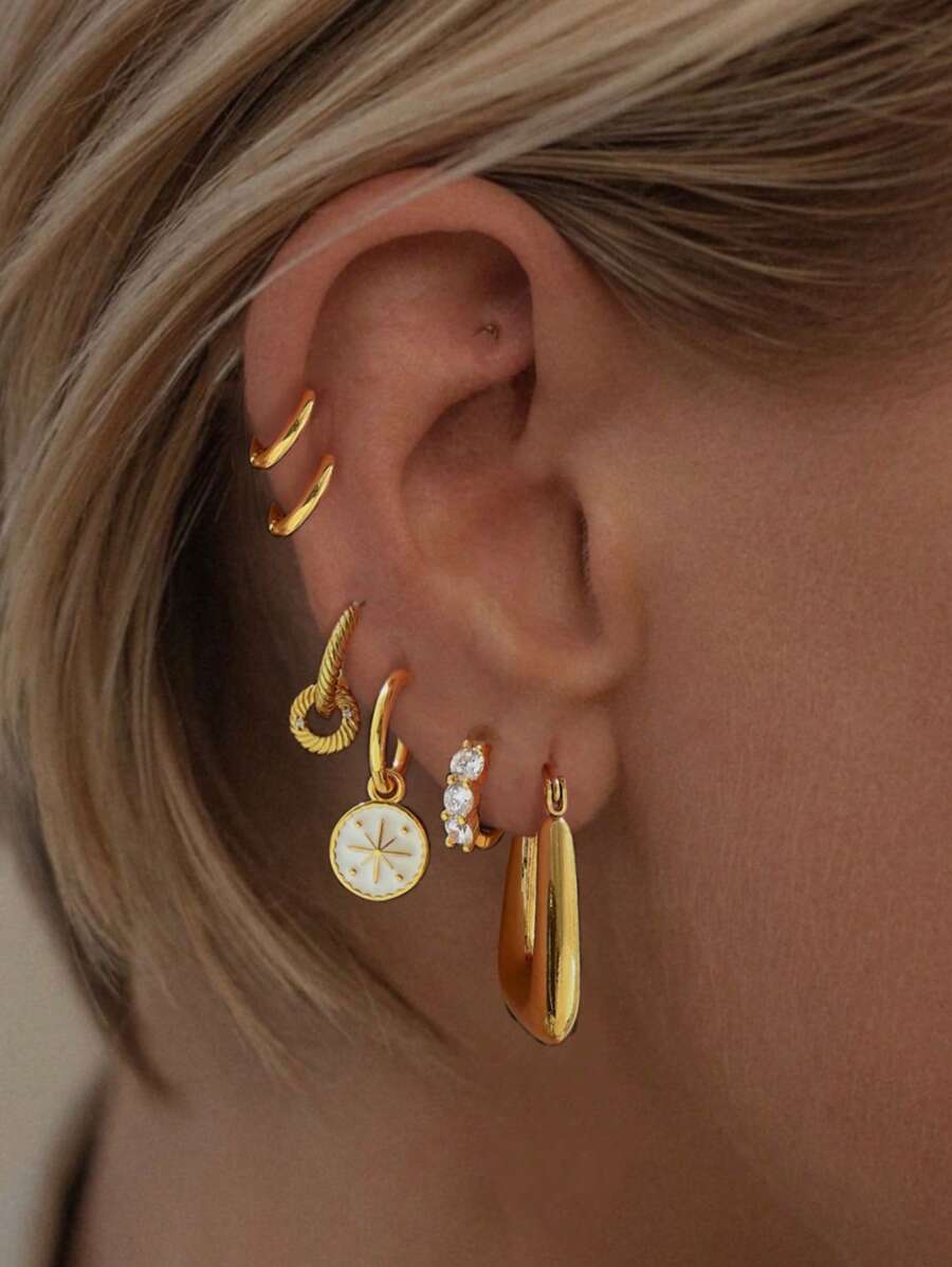 Set de 6 piezas de pendientes de aro con un lado de cubic zirconia delicada, pendientes de clip de estilo minimalista adecuados para mujeres, ideales para citas, fiestas y uso diario