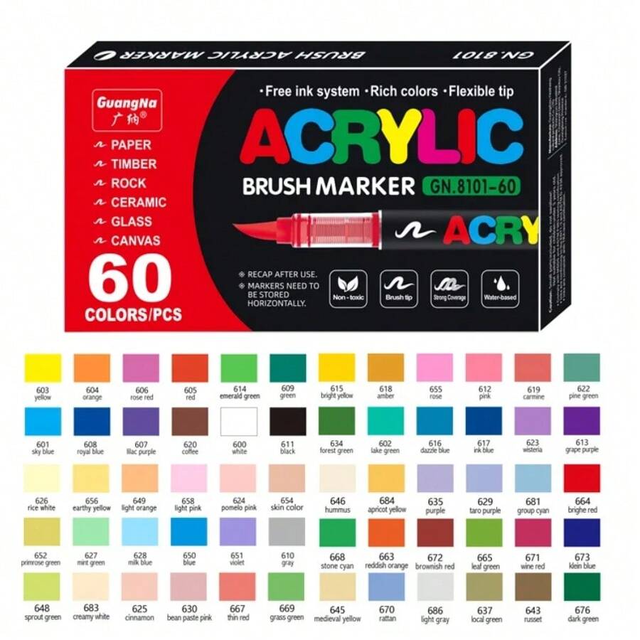 Set Of 60 Acrylic Paint Pens - Vibrant, Stackable Colors For Rock, Wood, Plastic And Fabric Art - Ideal For DIY Crafts, Office And School Supplies - Easy To Use School Supplies,Back To School
