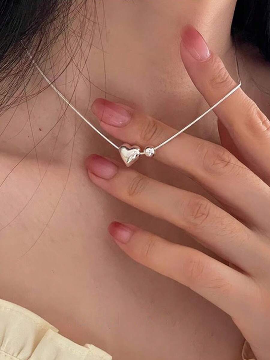 1 pieza de collar con colgante de plata de ley 925 con diseño de corazón y cuenta pequeña y redonda, accesorio de moda y adorable para uso diario y fiestas de mujeres