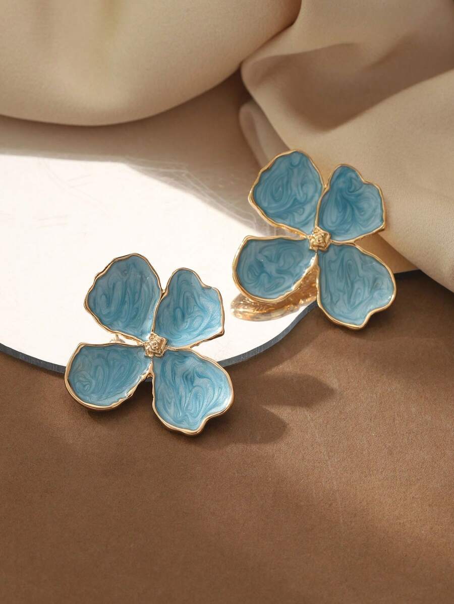 Summer Turquoise Women's Zinc Alloy Stud Earrings - Hawaiian 4-Petal Flower Design Bohemian Style Enamel, Suitable For Beach Vacation