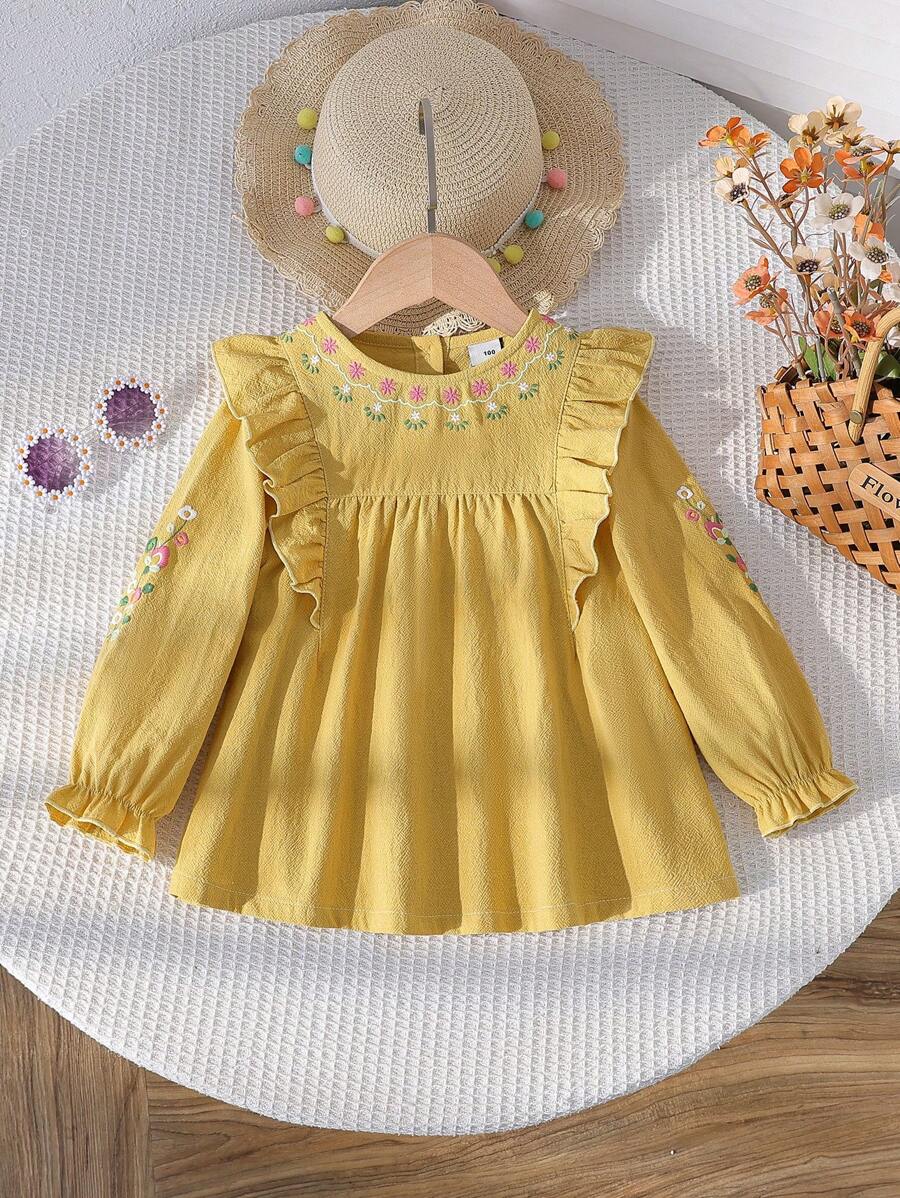 Blusa delgada de manga larga con bordado de flores para niña, para otoño