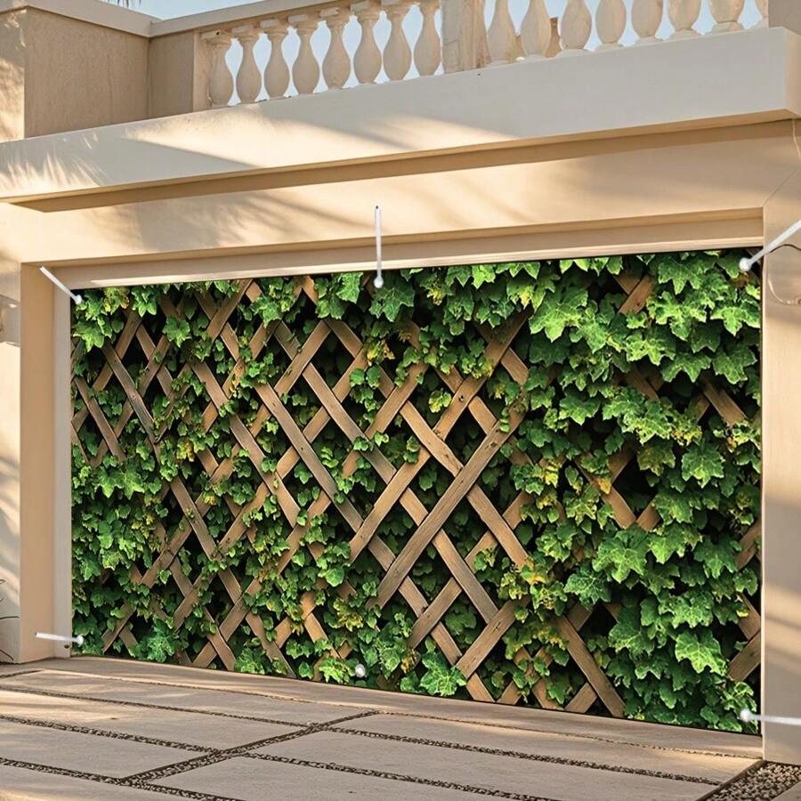 1pc Large Leaf Plaid Fabric Garage Door Cover - Elegant Green Leaf Design, No Power Needed, Suitable For Outdoor Parties, Photos And Celebrations, Decorative Garage Door Cover Fabric, Outdoor Decor