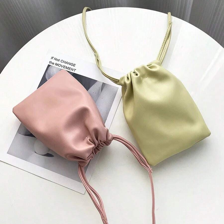 1pc Casual Drawstring Bag Style Women Crossbody Bag Candy Color Lady Mini Bucket Bag For Mobile Phone Female Shoulder Purse Wallet