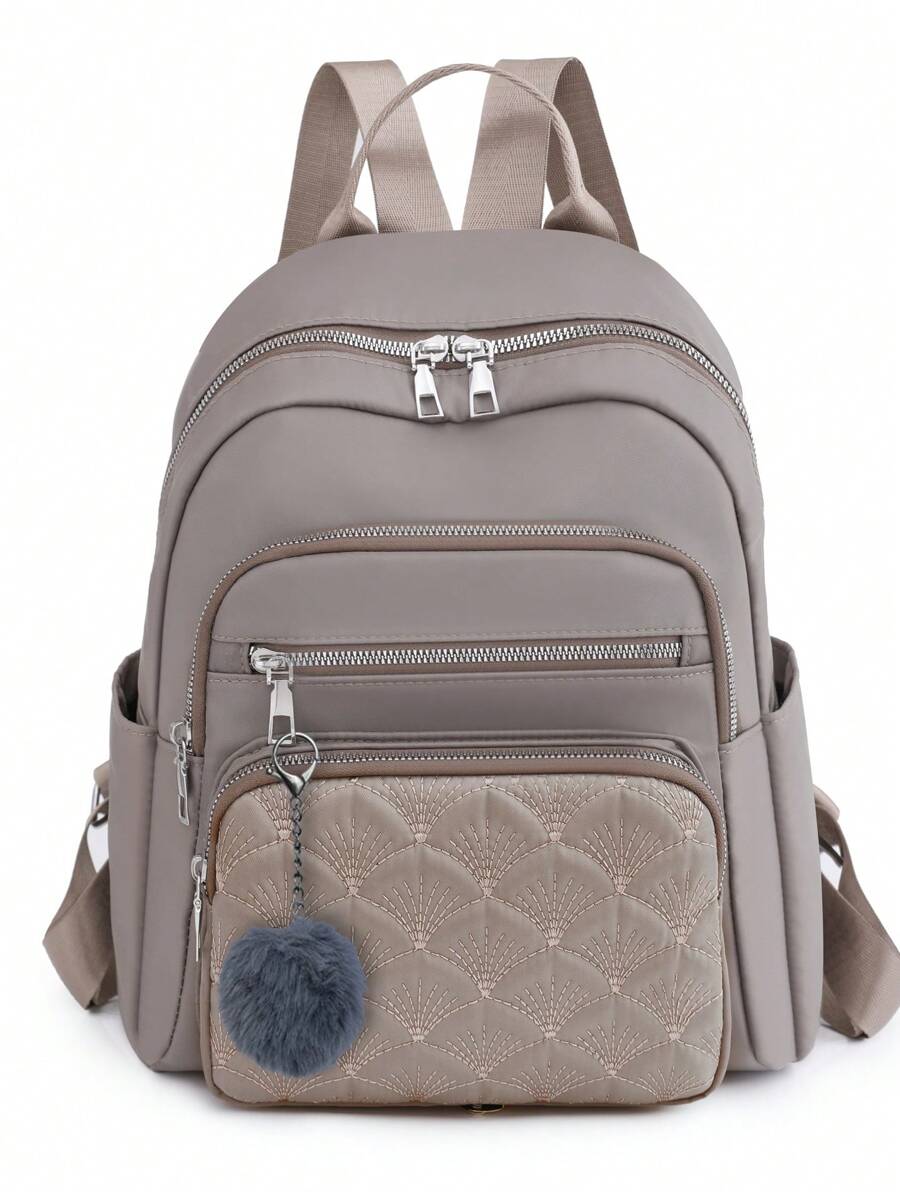 Women Backpack, Multi-Pocket Embroidered Decoration Lightweight Multifunctional Outdoor Backpack, Suitable For Students With Fur Pom Pom Accessory, School Supplies, Large Capacity, Waterproof, Laptop Compartment, Business Casual, Suitable For Teen Girls Women College Students, Teacher, White-Collar Workers, Perfect For Back To School, First Day Of School, College, Work, Business, Commute, Office