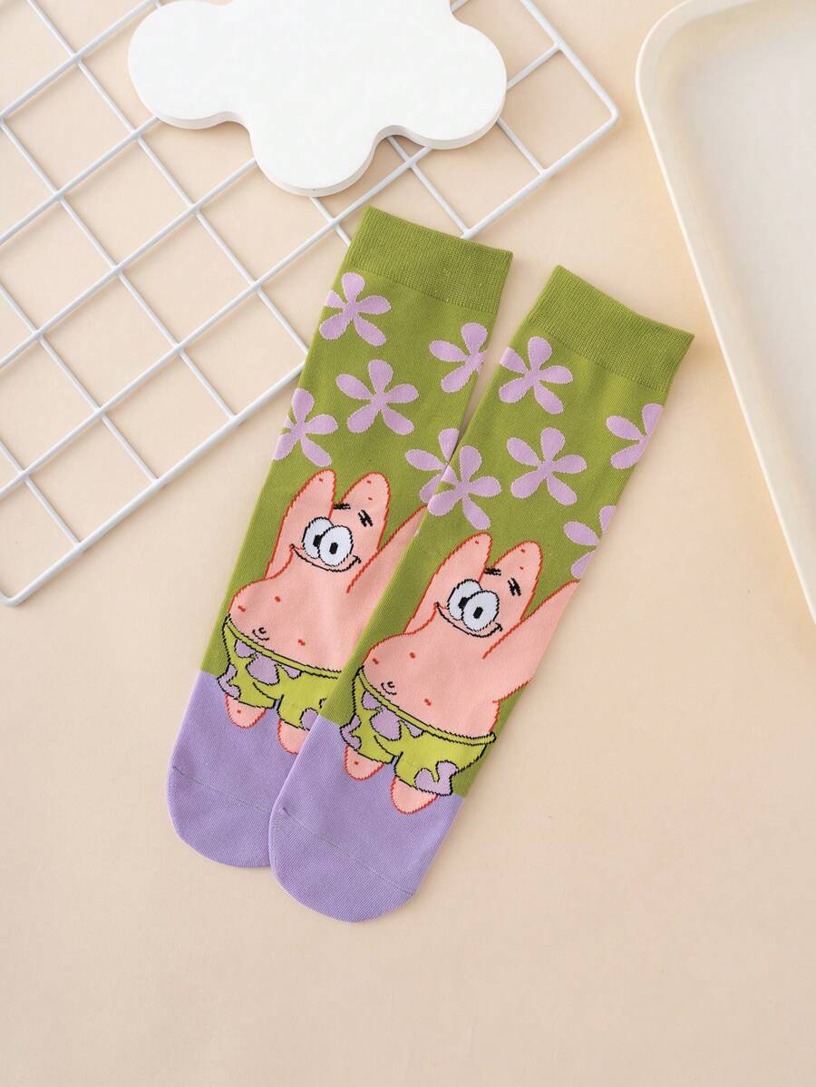 SPONGEBOB 1 Pair Unisex Interesting Personalized Cute Multicolor Jacquard SpongeBob SquarePants Cartoon Character Face Letter Floral Contrast Color Pattern Crew Socks, Sports Style, All Season, EU Size, Comfortable Breathable Durable, Vibrant Colors, Suitable For Daily Wear, Premium Fabric, Non-Sweaty