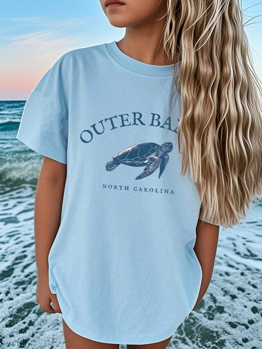 Tween Girls Tropical Ocean Print Short Sleeve T-Shirt, Comfortable & Fashionable Summer Top For Young Students