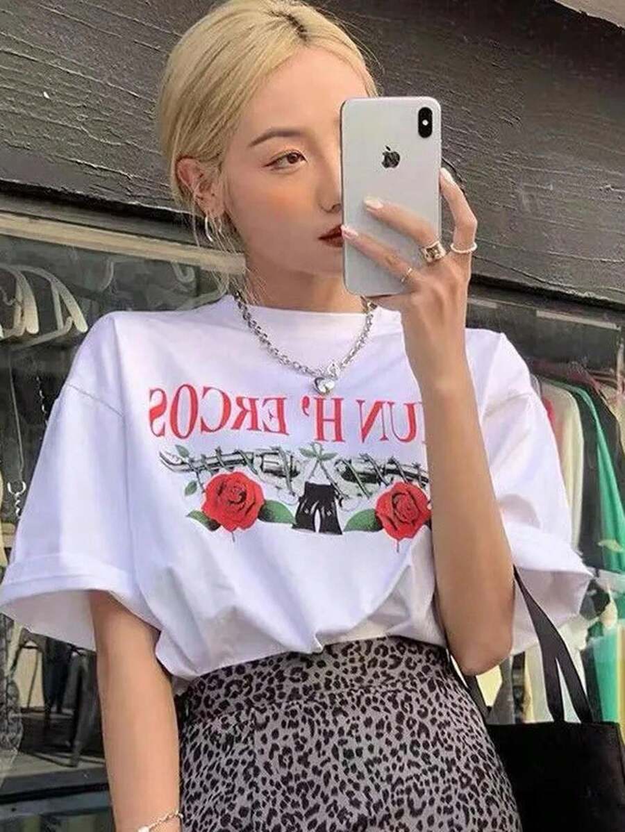 Casual Printed Round Neck Short Sleeve T-Shirt For Female College Students, Summer Student Youth Clothing - Artistic T-Shirts Stimulate Imagination And Self-Expression