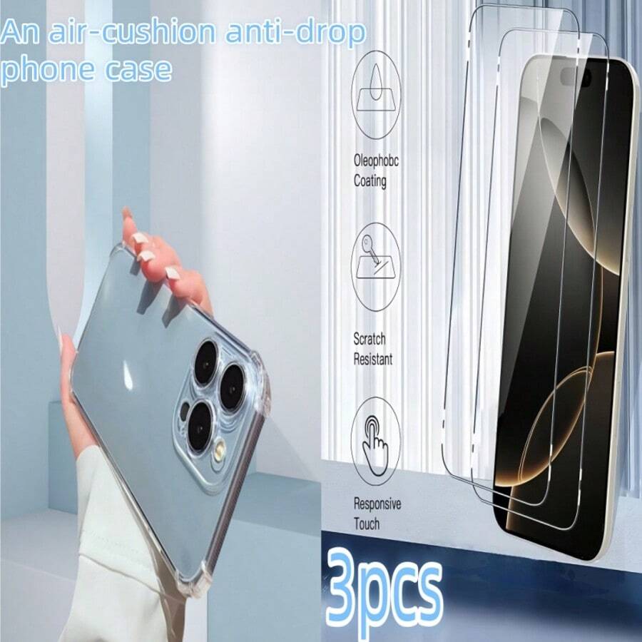 1 Set: 1 Stück Luftpolster Anti-Drop Hülle + 3 Stück gehärtete Glasfolien, kompatibel mit Apple/Galaxy/Redmi/OPPO/VIVO, Anti-Drop Handyhülle + gehärtete Glasfolie Kombination, 3er Set gehärtete Glas Luftpolster Hülle, Ultradünne Luftpolster Anti-Drop Hülle mit HD gehärtetem Glas