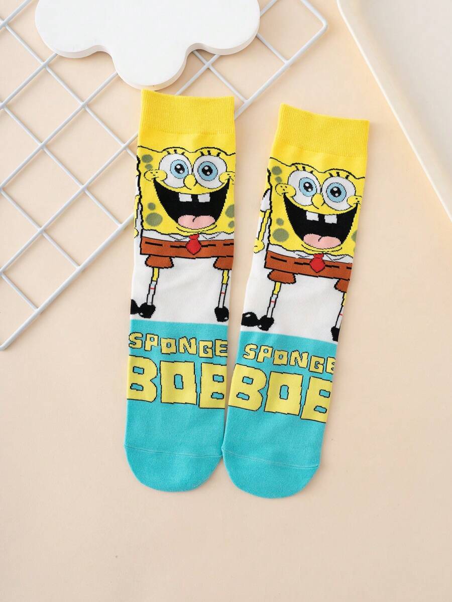 SPONGEBOB 1 Pair Unisex Funny Personalized Cute Multicolor Jacquard SpongeBob Happy Face Letter Contrast Color Pattern Crew Socks, Sports Style, All Season, European Size, Comfortable Breathable Durable, Vibrant Colors, Suitable For Daily Wear, Premium Fabric, Non-Sweat