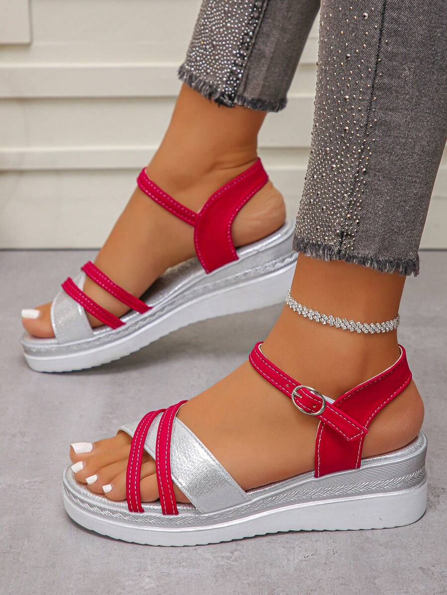Women's Platform Wedge Sandals, Color Blocking Strap Design, Suitable For Beach, Wedding, Outdoor, Summer