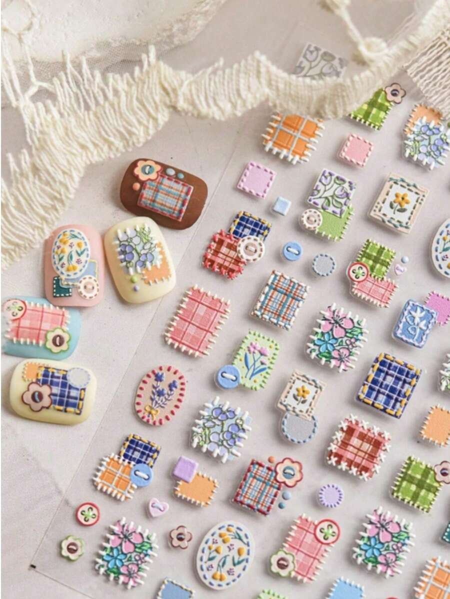1pc Button Floral Print Nail Art Charm Nail Sticker Cloth Morning Glory Character Pattern Line Glue Nail Art Sticker Nail Art Sticker DIY