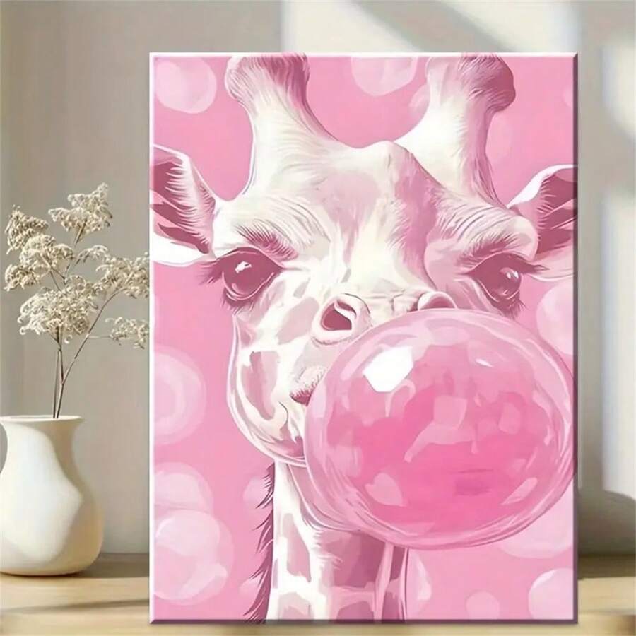 1 Unique Style Solid Painting Whimsical Pink Bubble Gum Giraffe Portrait Wall Art, Vibrant Ready To Hang Home Decor For Living Room & Bedroom, ,No Frame
