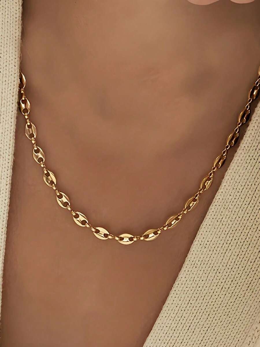 1pc Stainless Steel Coffee Bean Link Hollow Nose Shaped Chain Necklace, Minimalist Hip Hop Style Fashion Unisex Sweater Chain For Party, Music Festival