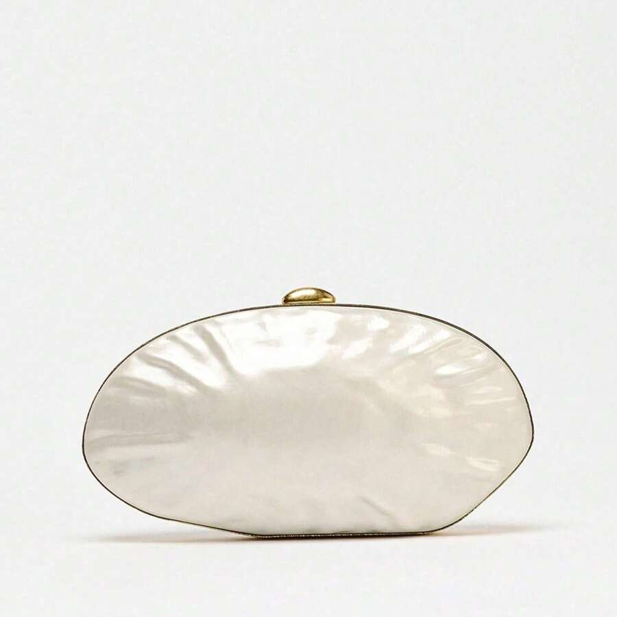 Bolso de embrague con efecto de perla y forma de caja rígida para mujer, color blanco. Bolso de noche de concha acrílica larga para fiesta y eventos, con manija y correa para el hombro/cruzado