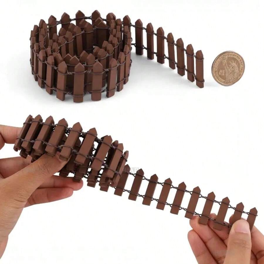 1pc Mini Wooden Fence Set, In Coffee And White Color Options - , Smooth Edged Decor For Fairy Gardens And Miniature Scenes, 36.6 Inches * 1.96 Inches, With Metal Wire Details, Outdoor Fence Decoration