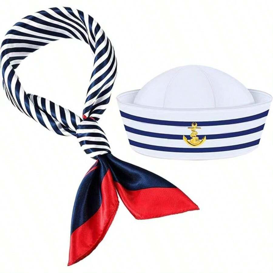 Ensemble de casquette de marin rayée bleue et blanche, écharpe, casquette de capitaine pour hommes et femmes, costume de fête, représentation sur scène