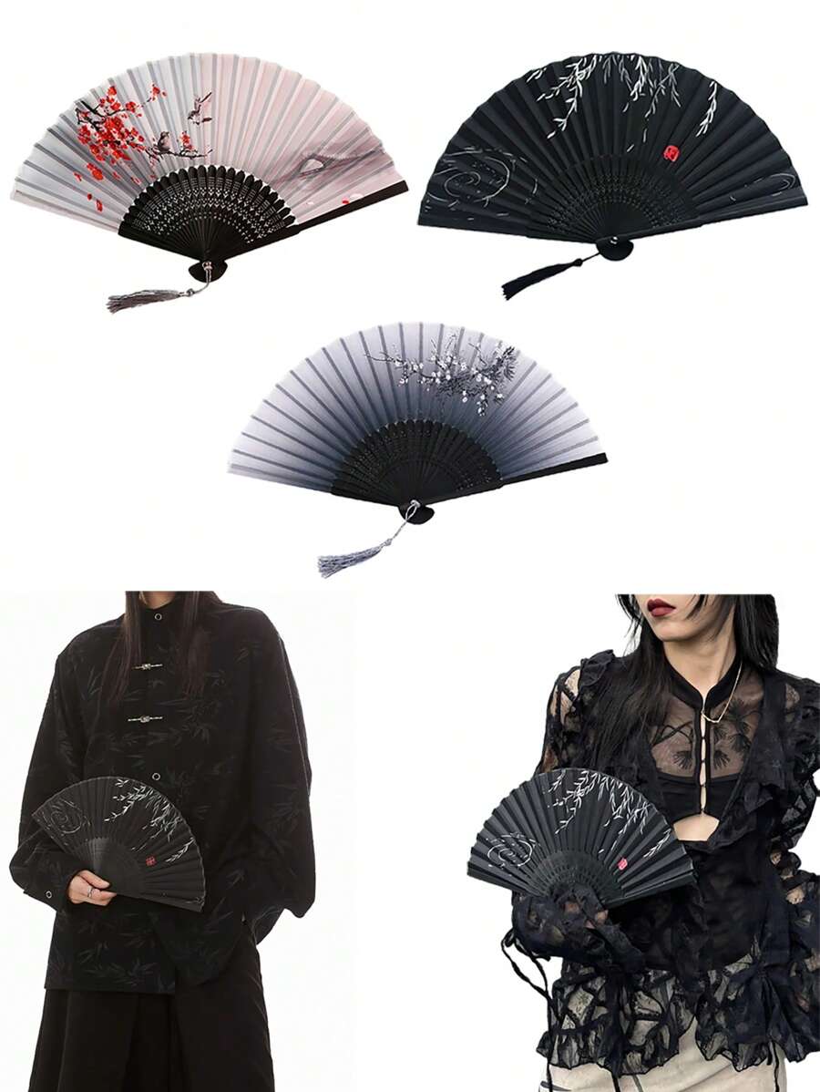 3 Stücke sehr elegante und traditionelle Retro-Bambus-Faltfächer, von Hand gefertigt mit einer Vielzahl an Mustern. Es sind hochwertige Handventillatoren, geeignet für den täglichen oder Outdoor-Gebrauch, kulturelle Veranstaltungen und können auch als Geschenk verwendet werden