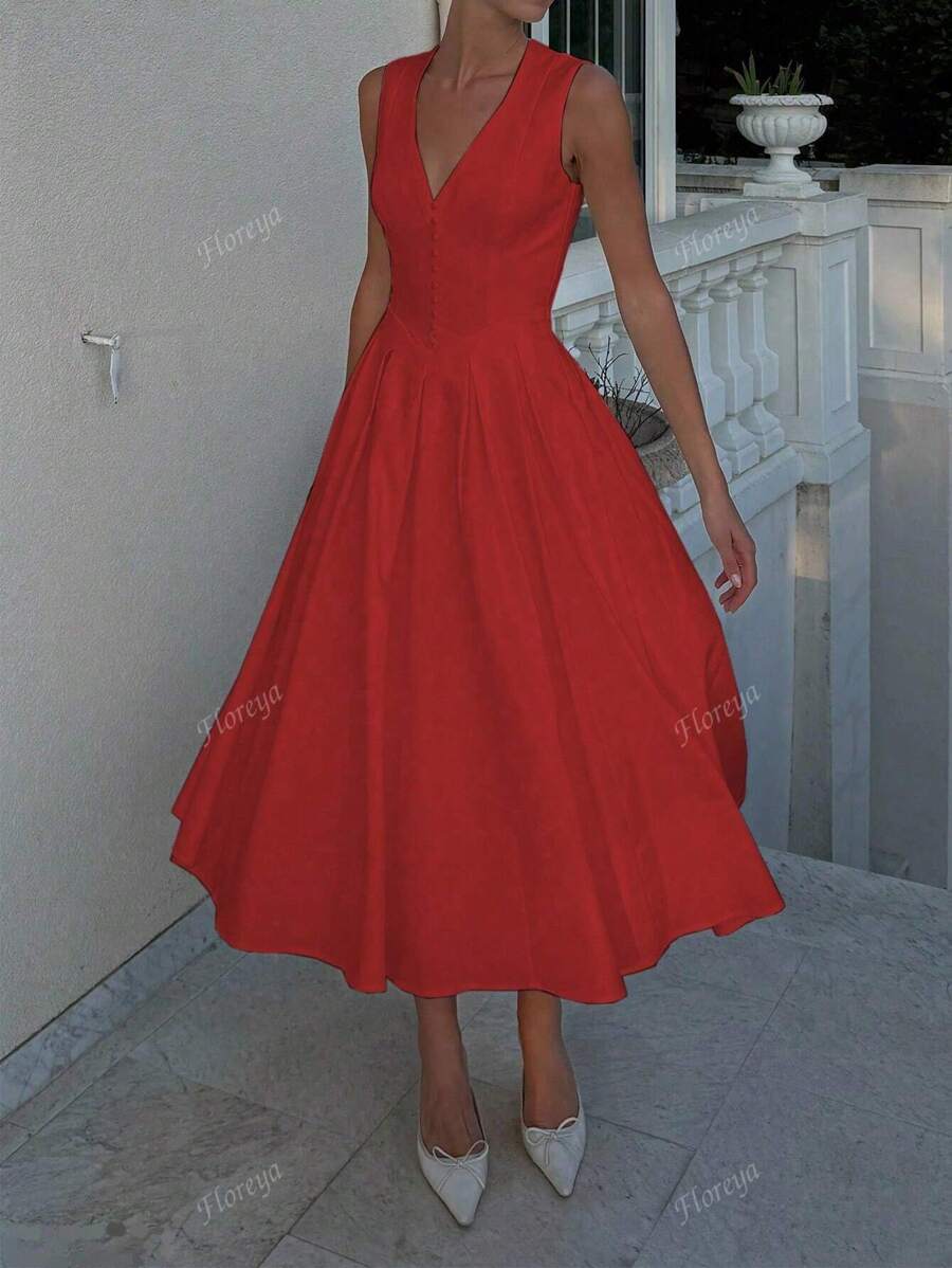 Vestido elegante de estilo francés con cuello en V, pliegue en la cintura y falda acampanada, sin mangas, patchwork vintage, fluido para playa, fiesta y ocasiones formales -Nuevo lanzamiento 2025