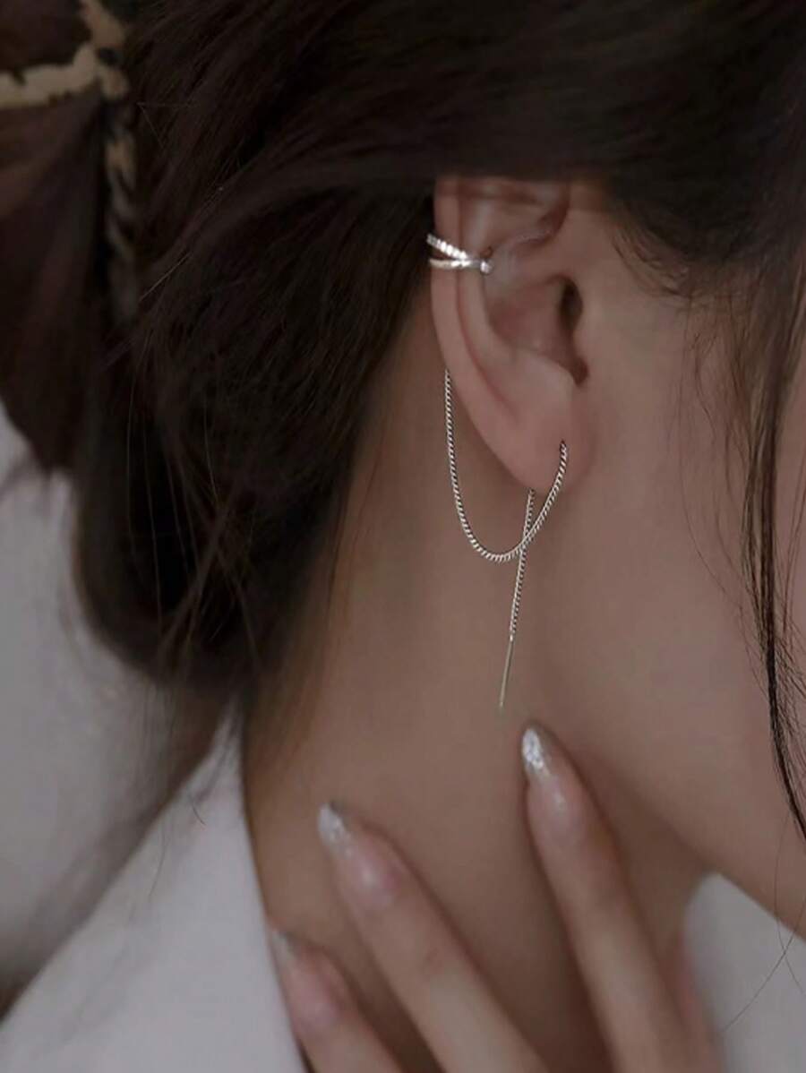 1 pieza Abrazadera de oreja con flecos de cruce de plata, simple y elegante