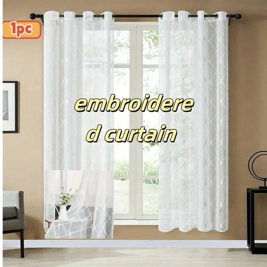 1pc Embroidered Diamond Semi-Sheer Curtain, Suitable For Bedroom, Living Room, Dining Room, With Eyelets Design Vertical Curtain Privacy, Light Filtering, Applicable For Bedroom, Living Room, Sliding Door