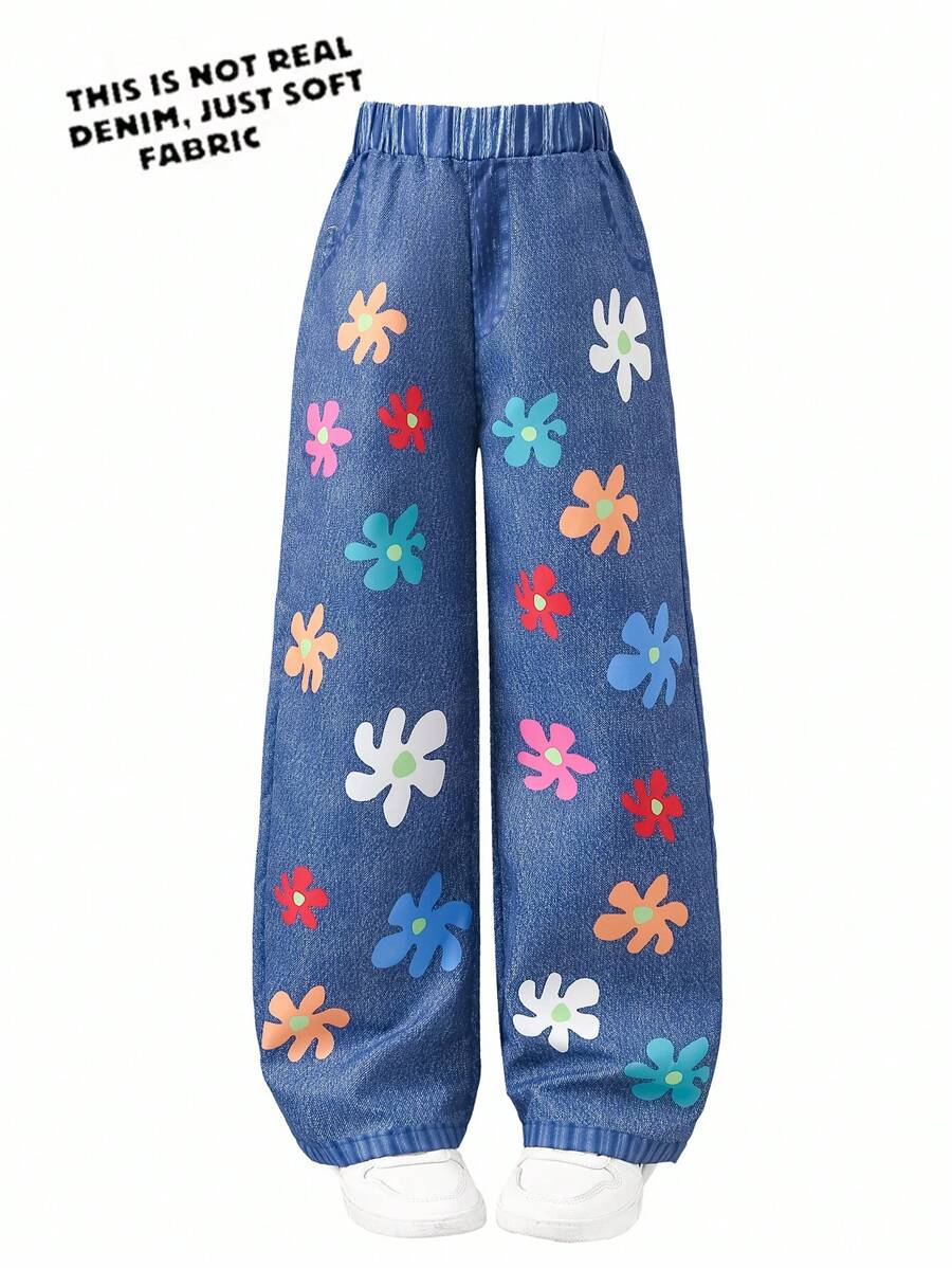 Calça Denim Efeito Denim de Conforto com Estampa de Margarida para Meninas, Comprimento Tornozelo, Verão