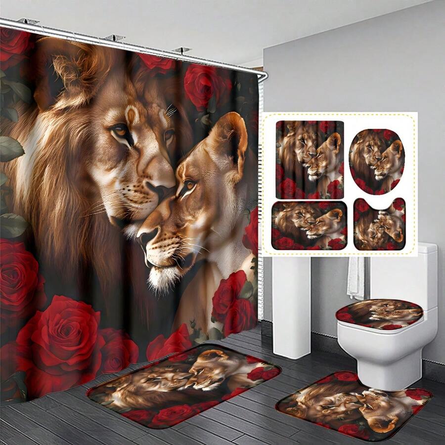 1pc/4pcs Lion Rose Pattern Shower Curtain Sets Gifts, Romatic Bathroom Sets With Shower Curtain And Rugs, WaterProof Home Bathroom Decoration And Toilet Floor Mats 3pcs Set With 12 Shower Curtain Hooks Bathroom Accessories Back To School