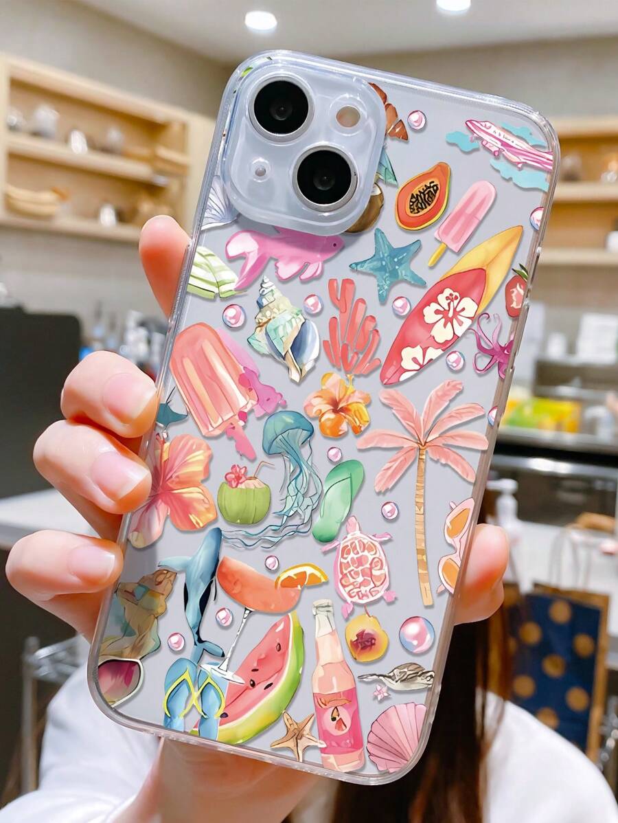 1pc Premium Personalized Summer Ocean Elements Transparent TPU Anti-Fall Anti-Fingerprint Phone Case Suitable For IPhone 16 Pro Max/16/16 Pro/16 Plus/15 Pro Max/15 Pro/15 Plus/15/11/12/13/14 Pro Max/XS/XR/11 Pro/11 Pro Max/12 Pro/12 Pro Max/13 Pro/13 Pro Max/7 Plus/14 Pro/14 Pro Max/14 Plus/7 Plus/8 Plus/8/SE2/12 Mini/13 Mini Soft Case