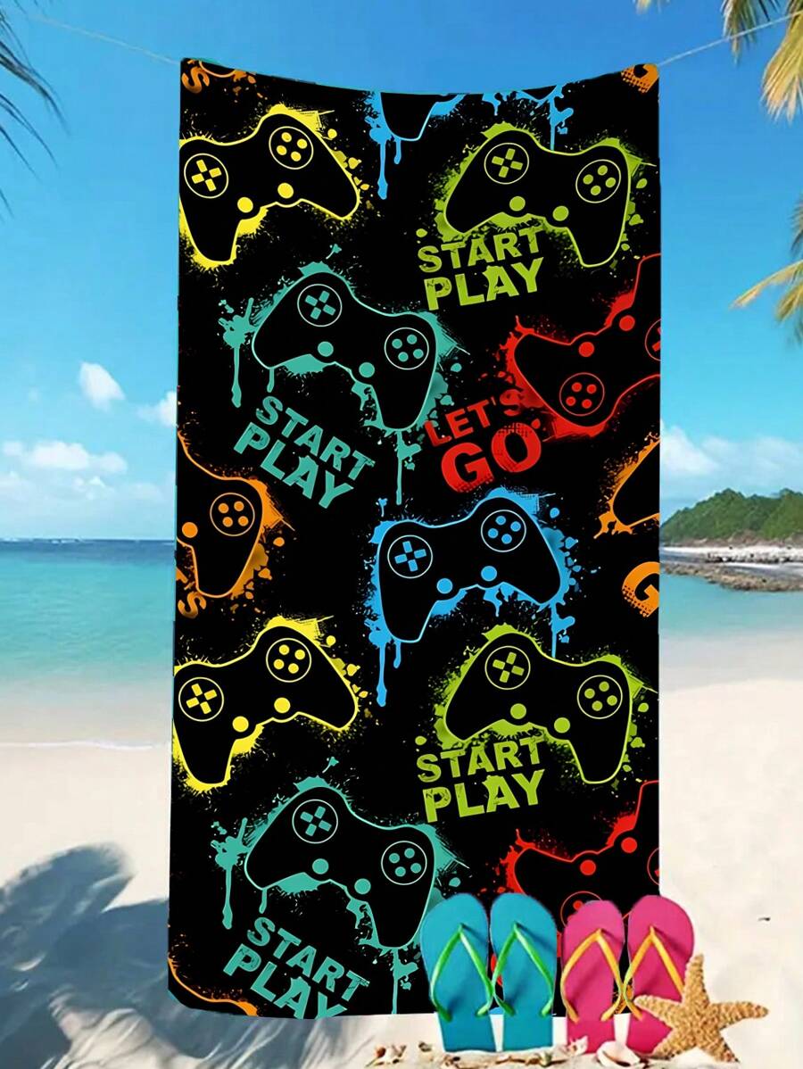 1 Stück Strandtuch mit farbenfrohem Spielcontroller-Muster - schnelltrocknend, weicher Microfaser, geeignet für Reisen, Picknick, Schwimmen, Camping und Strandausrüstung, tropischer Stil, nur Handwäsche, Camping-Artikel | Spielmuster | rechteckiges Strandtuch 70*140 oder extra groß 90*180