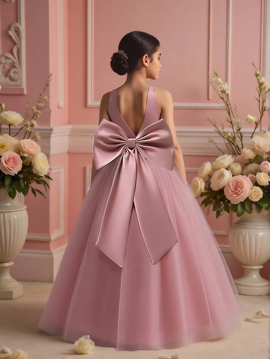 Tween Girls Party Dress With Tulle & Large Bow Detail, School Style, (Excluding Hair Accessories)