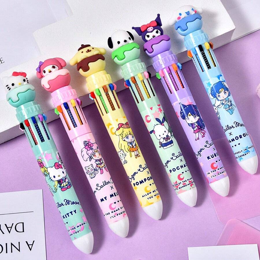 Sanrio 6pcs Sanrio 10-Color Ballpoint Pens, Multi-Color Push Button Pens, Markers, Cartoon Cute Colorful Pens, Student Writing Gel Pens, School & Office Supplies, Student Stationery Highlighters, Back To School Supplies