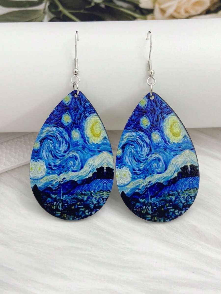 1 Paar Impressionistische Van Gogh "Die Sternennacht" Muster Hängeohrringe, eleganter Stil, perfektes Geschenk für Frauen