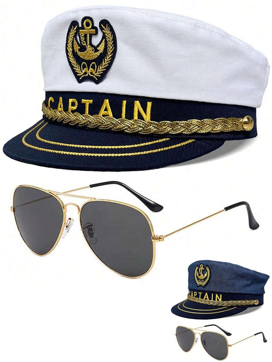 2pcs/Set Unisex Captain Hat, Fun Summer Yatch Party Hat (Captain Hat + Sunglasses), For Beach Party