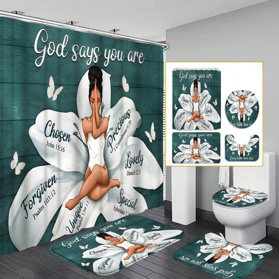 1 pièce/3 pièces/4 pièces Ensemble de rideaux de douche avec verset biblique inspirant - Femme dans le motif de la fleur de lotus avec les messages "Dieu dit que tu es" (Élu, Précieux, Pardonné) | Inclut la housse de siège de toilette, tapis de bain, tapis de sol | Fond de planches de bois bleu, accents de papillon blanc | Tapis antidérapants épaissis, Tailles multiples (rideau 70,8 po H, 13,8 po/29,1 po tapis) | Parfait pour les salles de bain modernes inspirées de la foi Rentrée scolaire